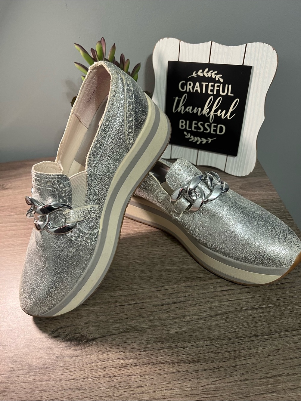 DOLCE VITA Silver Glitter Chain-Accent Women's Slip-On Sneakers